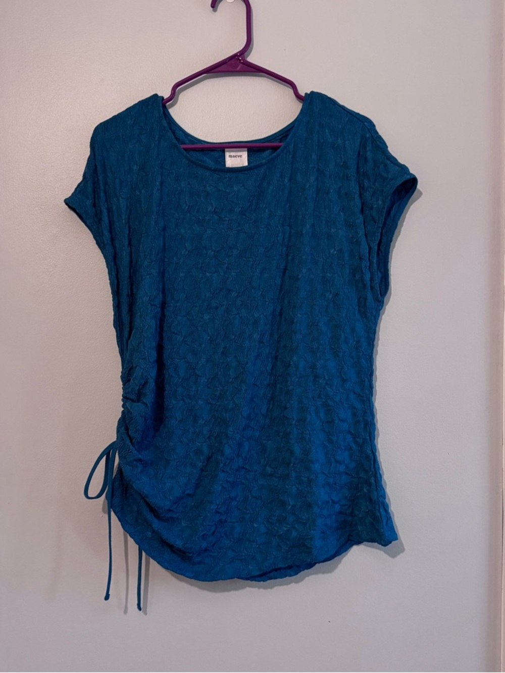 Maeve Anthropologie XL Teal Blue Textured Ruched Side Tie Short Sleeve Top